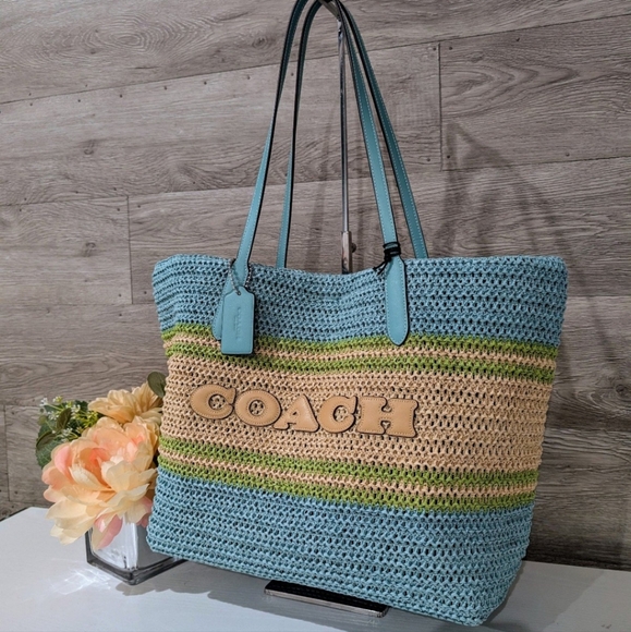 New Coach Straw Blue and Green Woven City Tote Bag - Picture 1 of 7